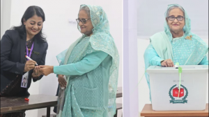 রাজধানীর ধানমন্ডির ঢাকা সিটি কলেজ কেন্দ্রে ভোট দিলেন প্রধানমন্ত্রী